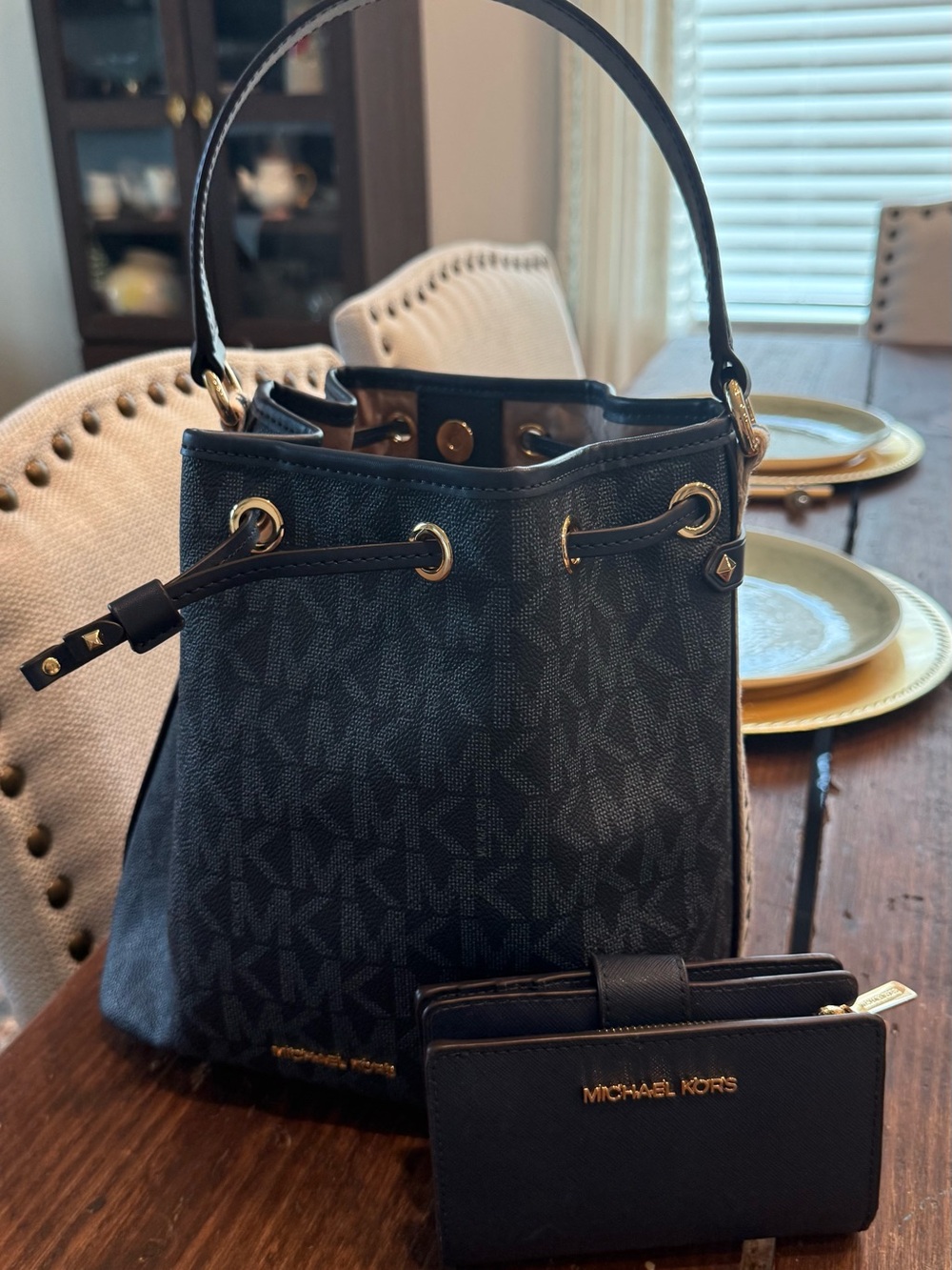 Michael Kors Navy Monogram Drawstring Bucket Bag with Wallet